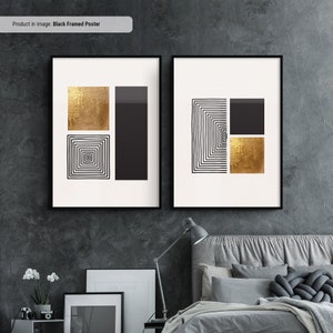 Arte de parede com formas geométricas pretas douradas abstratas, impressão de arte contemporânea, pintura de formas minimalistas, grande tela de arte de parede/conjunto de pôsteres de 2