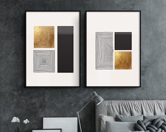 Abstract Geometric Wall Art: Black and Gold Canvas Set (2 Prints)