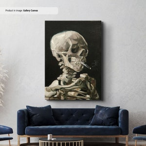 May include: A painting depicting a human skeleton holding a cigarette in its mouth. The skeleton is painted in a realistic style, with visible bones and a skull with a detailed face. The background is black.