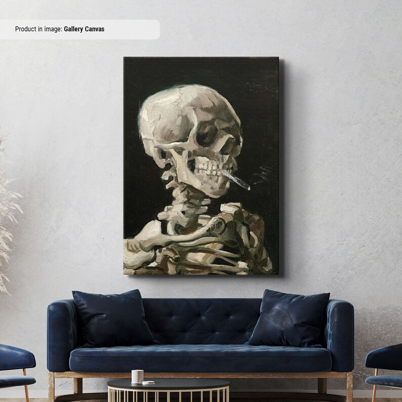 May include: A painting depicting a human skeleton holding a cigarette in its mouth. The skeleton is painted in a realistic style, with visible bones and a skull with a detailed face. The background is black.