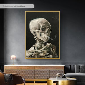 May include: A painting of a human skeleton with a cigarette in its mouth. The skeleton is depicted in a realistic style, with visible bones and a skull. The background is black.