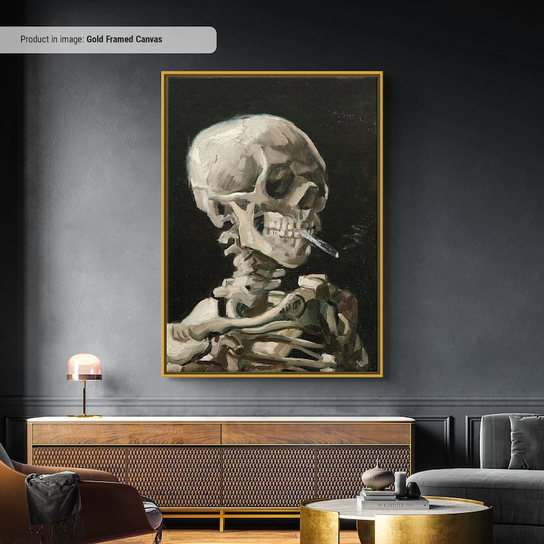 May include: A painting of a human skeleton with a cigarette in its mouth. The skeleton is depicted in a realistic style, with visible bones and a skull. The background is black.
