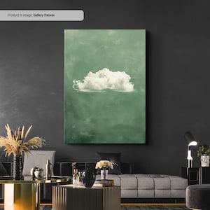 Peut inclure: Impression sur toile rectangulaire représentant un nuage blanc solitaire sur un fond vert. L'œuvre présente une texture, créant une esthétique minimaliste et sereine. Idéal pour la décoration intérieure.