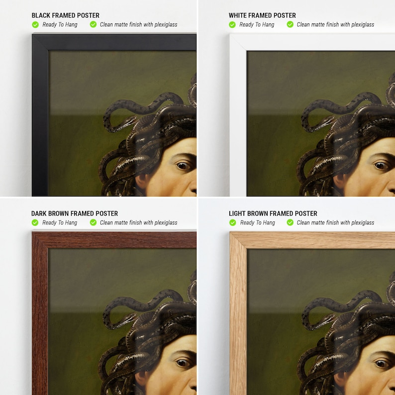 Puede incluir: Cuatro p&oacute;sters enmarcados de una pintura de una mujer con serpientes en el pelo. Los marcos son negro, blanco, marr&oacute;n oscuro y marr&oacute;n claro.