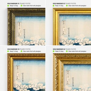 Op de afbeelding: Vier ingelijste posters met gouden barokke frames. Elke poster heeft een Japanse print met blauwe en witte wolken en tekst. De frames vari&euml;ren in ontwerp en afwerking. Tekst op de posters luidt "GOLD BAROQUE FRAMED POSTER" en "Ready To Hang".