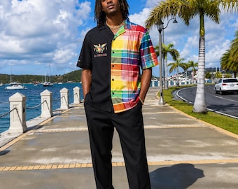 Camisa abotonada de fusión Madras y negra de las Islas Vírgenes de EE. UU. / Camisa Heritage 340 / Top para festivales caribeños