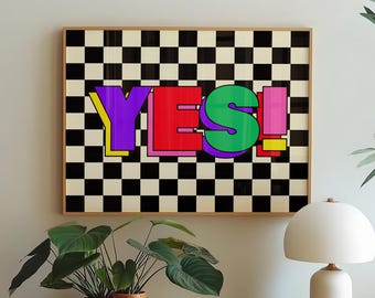 YES Typografie-Poster, farbenfroher Schachbrettdruck, Retro-Maximalismus-Wanddeko, ausgefallene Zitatkunst, Dopamin-Stil