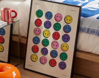 Colorful Smiley Face Poster, Retro Y2K Wall Art, Dopamine Decor Print, Funky Room Decor