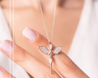 Sterling Silver Angel Necklace: Zircon Wings, Handmade Pendant