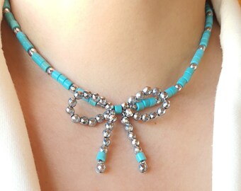 Chic Bow Necklace with Turquoise Beads, Mother's Day Jewelry