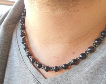 Minimalist Man Choker, Gemstone Beaded Necklace Men, Blue Goldstone Choker, Star Stone Choker, Choker Man,Casual Choker For Mens, Unisex.