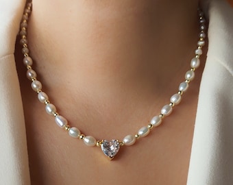 Freshwater Pearl Necklace: Heart Pendant, Dainty Zircon Gem