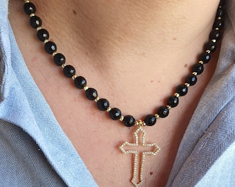 Onyx Beaded Cross Necklace: Zircon Stone Pendant, Unisex Gift