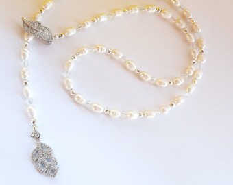 Freshwater Pearl Lariat Necklace: Adjustable Crystal & Hematite Accent