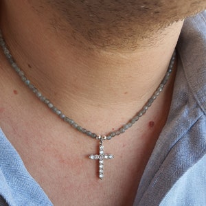Labradorite Cross Necklace: Faceted Bead Unisex Christian Gift