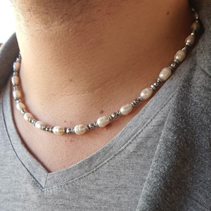Mens Pearl Necklace with Hematite, Pearl Necklace Men, Real Pearl Necklace for Men, Gifts for Men, Gift for Father&#39;s Day