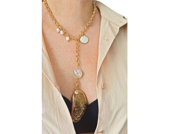 Shell Pendant Necklace, Large Y Lariat Necklace, Natural Seashell Necklace, Mermaid Necklace, Summer Jewelry, Boho Bridal Jewelry