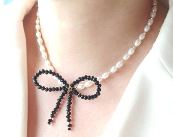 Freshwater Pearl Bow Necklace: Crystal Ribbon Jewelry
