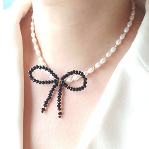 Pearl Bow Necklace, Bow Jewelry, Bow Pearl Necklace, Ribbon Necklace, Gift for Mom