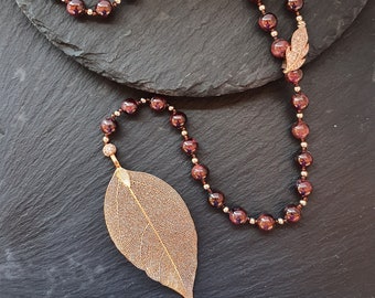 Real Leaf Necklace: Ruby Beaded Stainless Steel Pendant