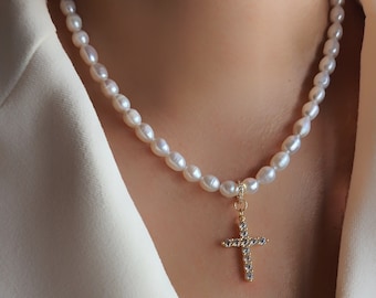 Freshwater Pearl Cross Necklace: 14K Gold-Plated Pendant