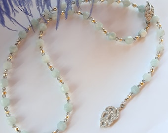 Long Aquamarine Lariat Necklace: Hematite & Crystal, 23 inch