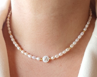Dainty Pearl Initial Necklace: Mother of Pearl Letter Charm