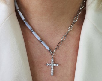 Beaded Cross Necklace: Mother of Pearl, Zircon Pendant