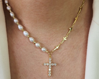 Pearl Cross Necklace: Zircon Pendant, Brass Chain