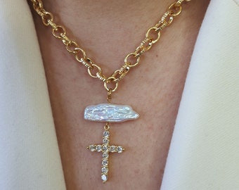 Baroque Pearl Cross Necklace: 22k Gold Plated Chain, Zircon Stones