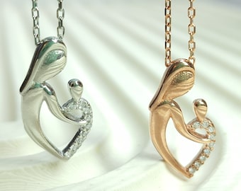 Sterling Silver Mother Child Necklace: Zircon Heart Pendant
