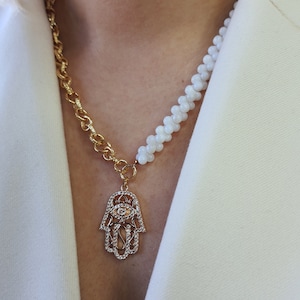 Naszyjnik z dłonią Hamsa, naszyjnik ze złym okiem, naszyjnik ochronny, naszyjnik z amuletem, naszyjnik ze złotem na szczęście, naszyjnik z medalionem, prezent dla mamy