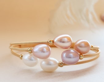 Bracelet de perles, bracelet en or de perles tricolores, bracelet de perles d'eau douce naturelles, bracelet de mariage, cadeau de demoiselle d'honneur, cadeau de fête des mères