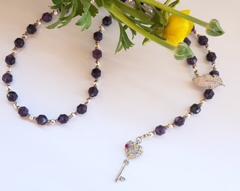 Amethyst Lariat Necklace: Hematite and Crystal Lasso, 23 inch