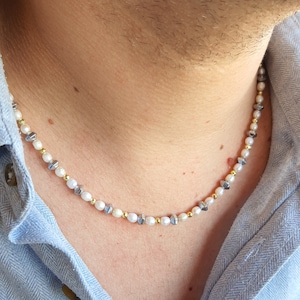 Mens Freshwater Pearl Necklace with Hematite, Gift Idea For Boyfriend, Gift For Mens, Minimalist Pearl Necklaces, Gift for Father&#39;s Day