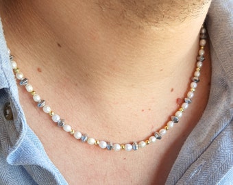 Mens Freshwater Pearl Necklace with Hematite: Minimalist Gift