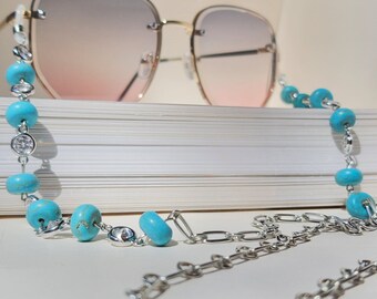 Turquoise Beaded Eyeglass Chain: Rhinestone Sunglasses Holder