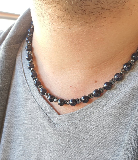 Collier Vintage En Hématites, Perles Bleues Et Dorées - Pièce Unique Et Originale