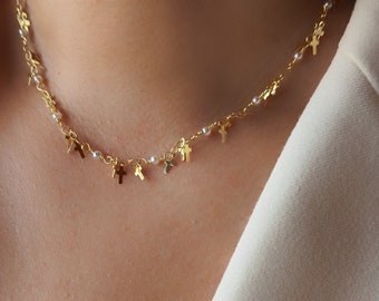 Pearl Cross Necklace: Dainty Brass Pendant, Minimalist Design