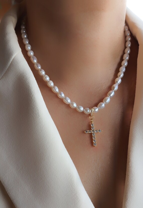 Freshwater pearl cross best sale necklace