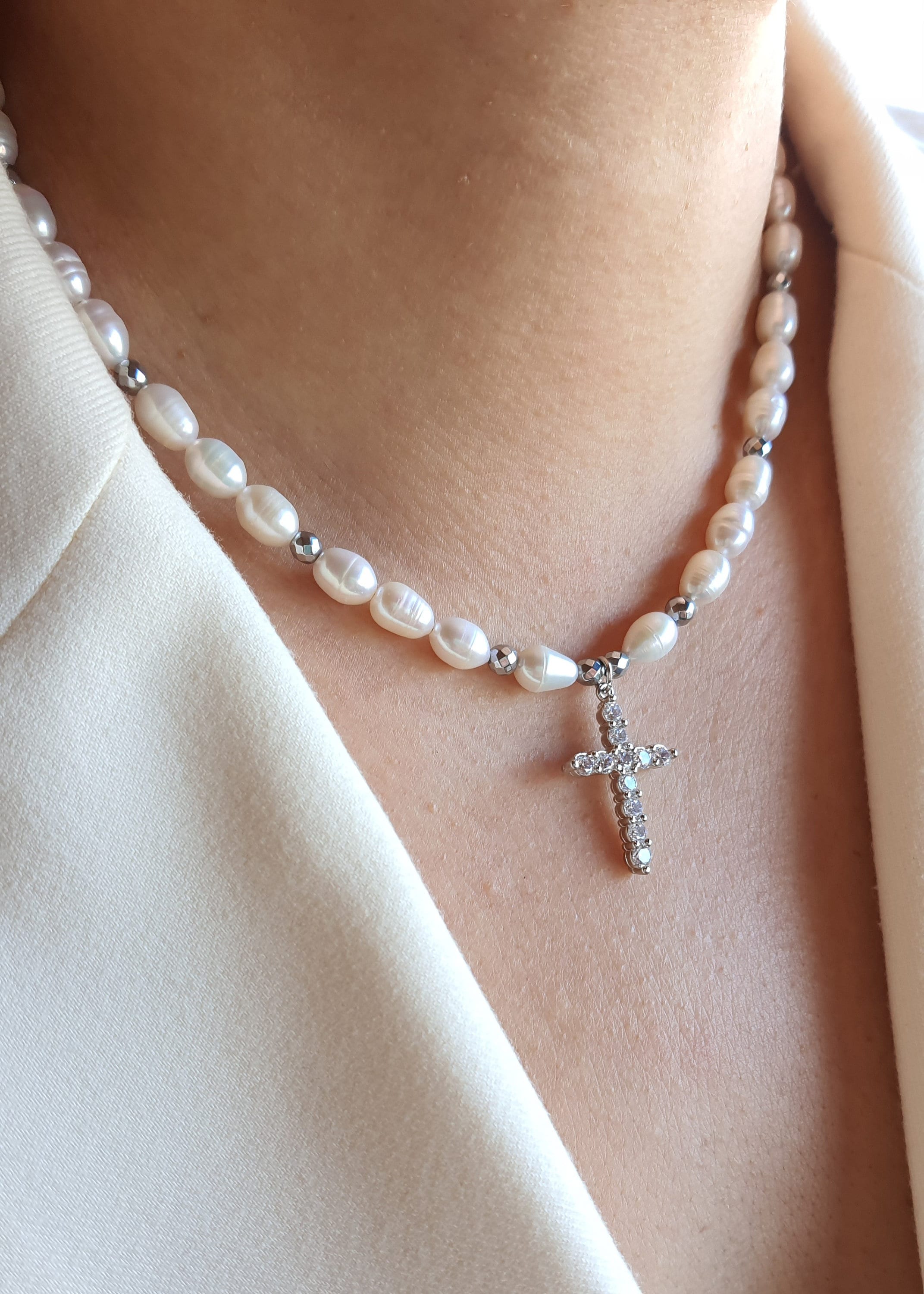 Elegant Pearl Cross Necklace - Christian Faith Jewelry - Baptism & Confirmation Gift - Religious Pendant for Women