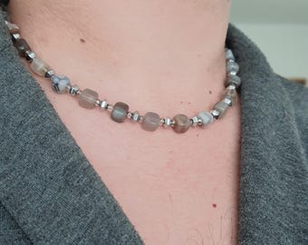 Men's Agate Beaded Choker: Hematite & Crystal Necklace