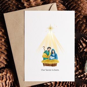 Carte de Noël imprimable de la Nativité à l'aquarelle, carte de Noël de la Sainte Famille, carte de la Nativité, notre Sauveur est né