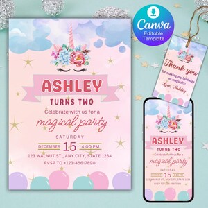 Unicorn Birthday Party Invitation Template, Editable Unicorn Thank You Favor Tags, Unicorn Digital E-invite, Pastel Invitation, UG001