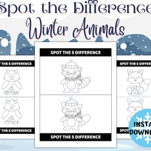Spot the Difference Printable Page, Find the Difference Activity Game for Kids, Winter Animal Holiday Fun Activity, Toddler Activity Color