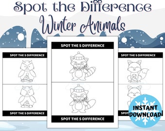 Finde den Unterschied Druckbare Seite, Finde den Unterschied Aktivitätsspiel für Kinder, Wintertierurlaub lustige Aktivität, Kleinkindaktivitätsfarbe