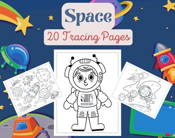 May include: A collection of space-themed tracing pages. The image features a central illustration of an astronaut, surrounded by other drawings of planets, rockets, and space-related elements. The text reads "Space 20 Tracing Pages."