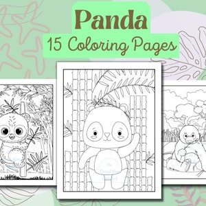 May include: A collection of 15 panda-themed colouring pages. The cover displays the word "Panda" in brown text on a green backdrop. The pages contain panda illustrations in scenes such as bamboo forests and grassy areas.