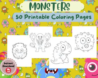 Monster Coloring Pages, Cute Monsters Coloring Book for Kids, Monster Printable Activity Sheets for Kids, Funny Monster, Digital Download