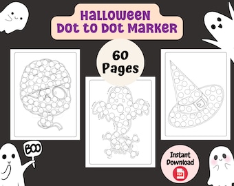 May include: A set of 60 printable Halloween dot-to-dot activity pages featuring a mummy, ghost, and witch's hat. The pages are designed for children to connect the dots and create the images. The text "Halloween Dot to Dot Marker" and "60 Pages" is included in the image.